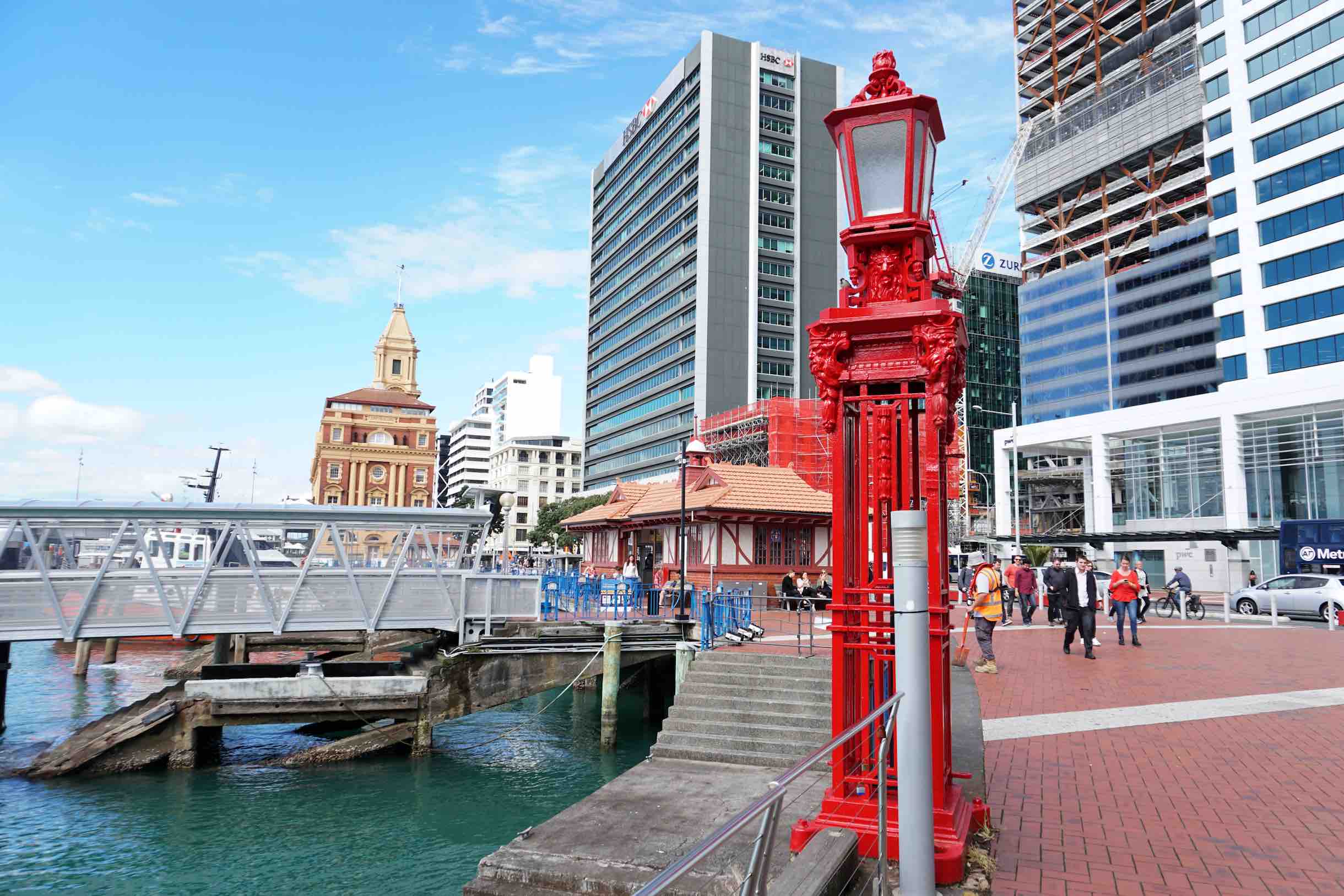 They have these pretty red streetlights by the ferry in downtown.