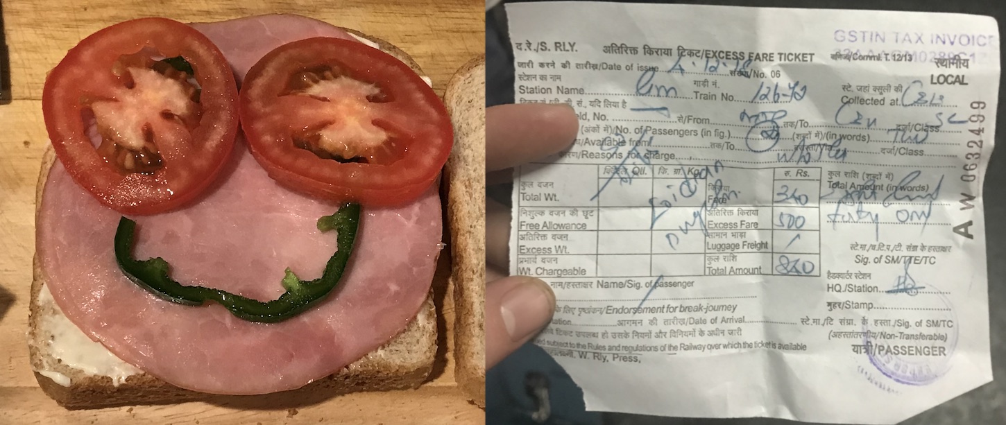 Me excited at home playing with my food on a lazy weekend, versus me excited to take a train across India to "I'm not exactly sure where".