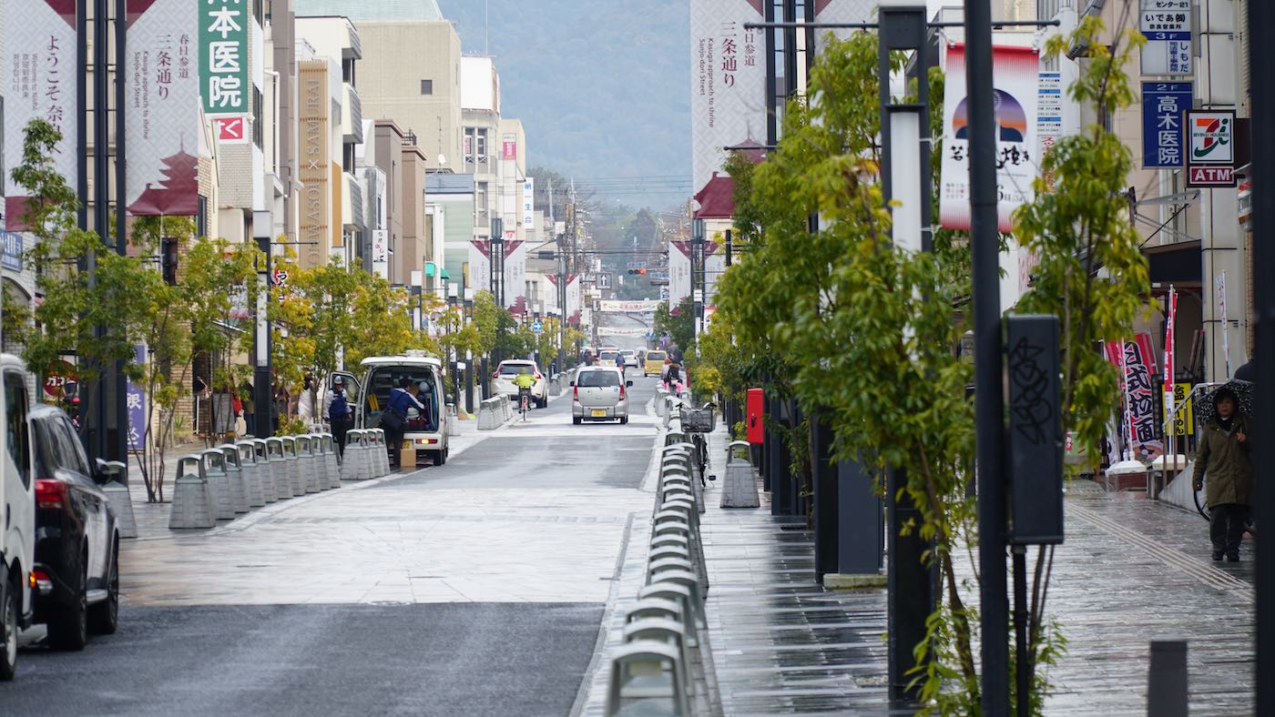 The street from the train station leading to Nara deer park