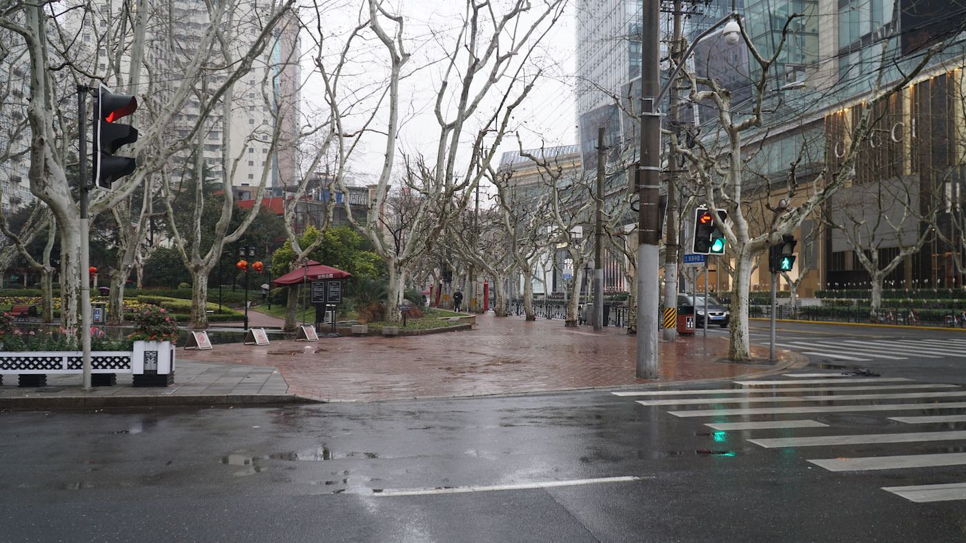 Across the street from what looked like an extremely busy mall on any ordinary day. Nearly completely empty because people had not come back yet from the Chinese New Year holiday.